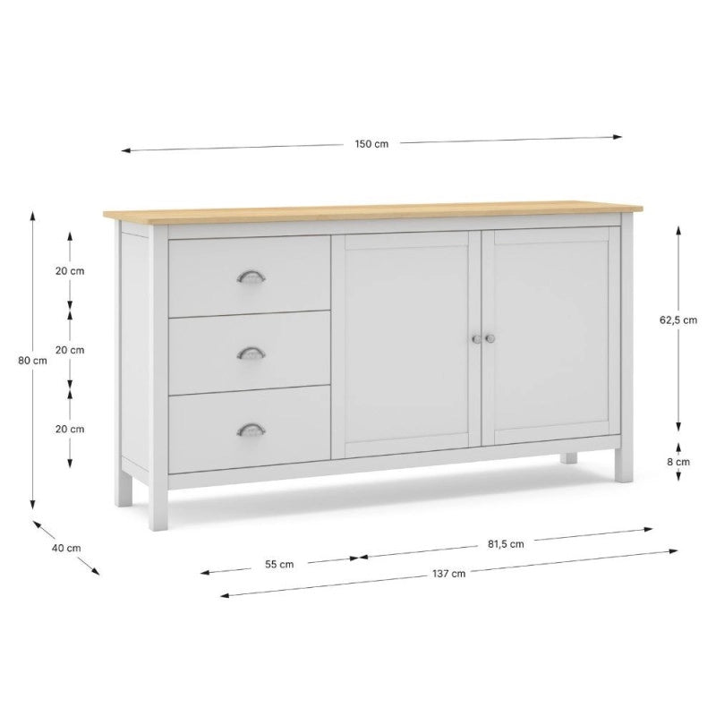 Credenza Misti 2 ante e 3 cassetti in legno massiccio bianco e rovere