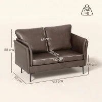 Divano 2 Posti in Pelle Traspirante con Imbottitura Spessa e Gambe in Metallo, 137x72x88 cm, Marrone Scuro