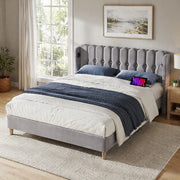 Letto matrimoniale 140x200 cm in lino grigio con USB Type C e rete a doghe, senza materasso