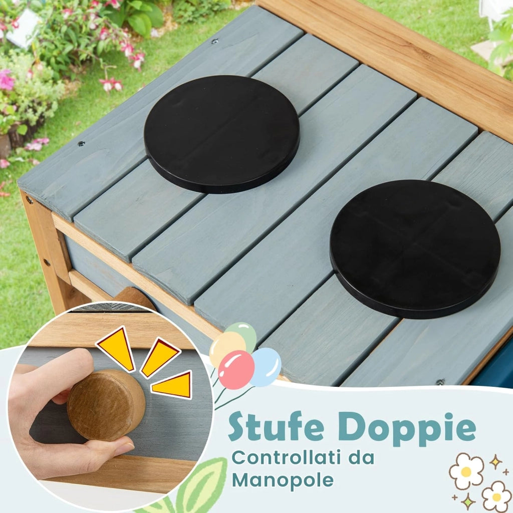 Cucina Giocattolo per Giardino, Cucina per Bambini con 2 Fornelli a Manopola, Lavandino e 3 Ganci, Set Cucina con Ripiani Aperti, 75 x 36 x 92 cm (Naturale, Senza Serbatoio dell'acqua)