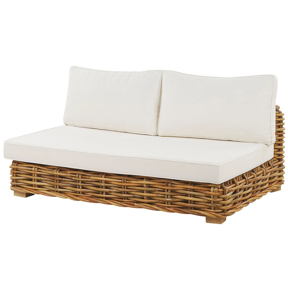 Set di conversazione da giardino cuscini bianchi in rattan marrone divano da esterno con tavolino destro