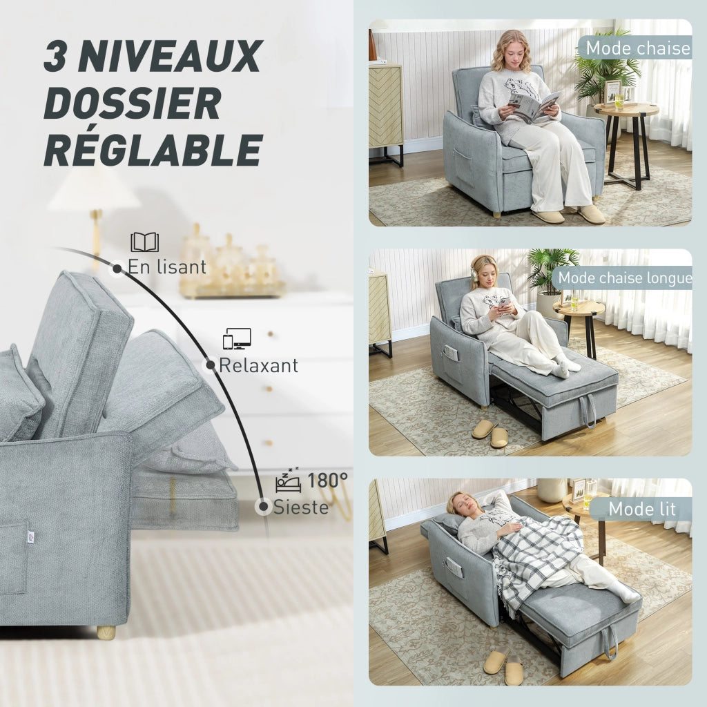 Poltrona letto convertibile 3 in 1 ¨C Xylo ¨C tessuto chenille grigio 88x84x87cm