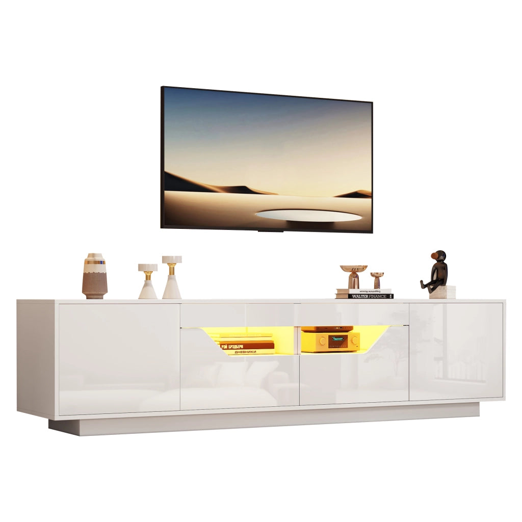 Mobile TV da Terra con 2 Ante; 2 Cassetti e LED; Frontale Lucido; per Soggiorno; 180??40??45 cm; in Truciolare; Bianco