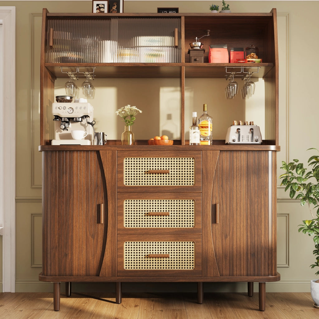 Credenza e madia con ante scorrevoli in vetro, 3 cassetti e vani aperti, per cucina, noce 140 × 40,5 × 174,5 cm