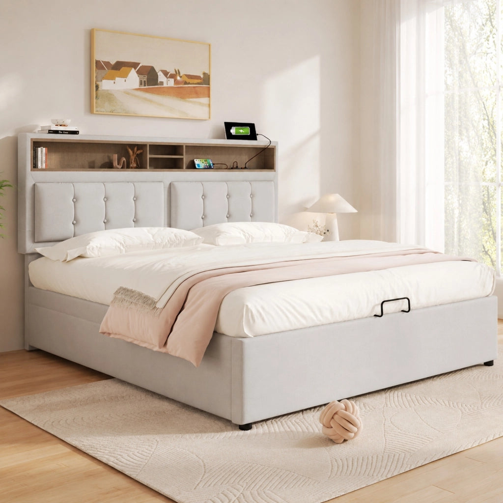 Letto matrimoniale imbottito 160x200 cm in lino beige con testiera regolabile e USB