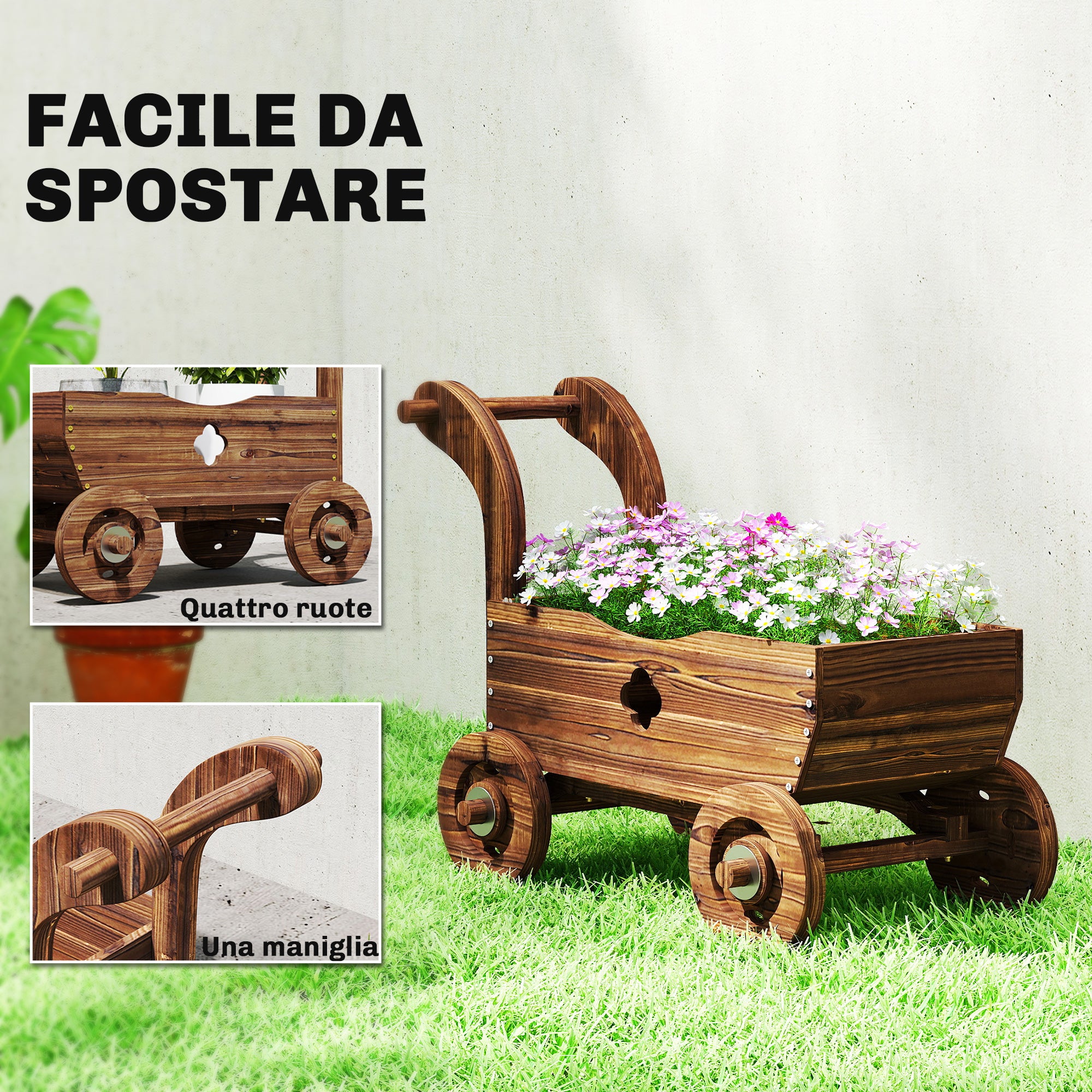 Fioriera a Carretto 68x38x52 cm con 4 Ruote Maniglia e Fori di Drenaggio in Legno