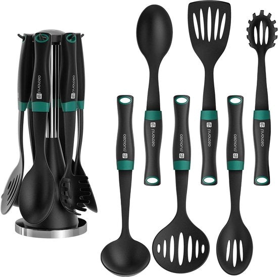 Set di Cucina da 6 pezzi con Manico Rotante - Spatola e Cucchiaio Antiaderente - Nero e Verde Pappagallo (BPA libero)