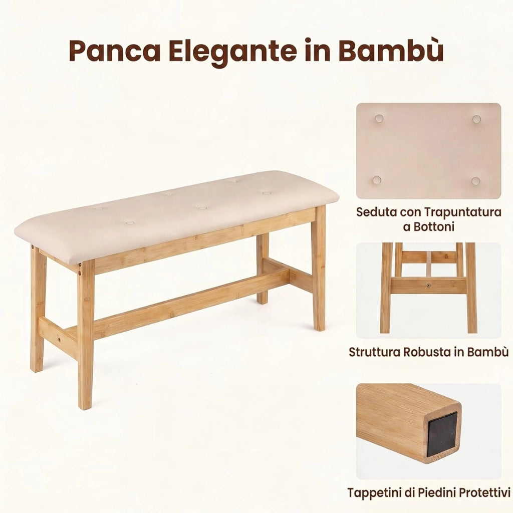 Panca in Bambù da Interno, Panca Multiuso a 2 Posti con Comodo Cuscino di Seduta in Pelle Sintetica, Traversi Rinforzati e Piedini Antiscivolo, per Ingresso, Camera da Letto e Soggiorno
