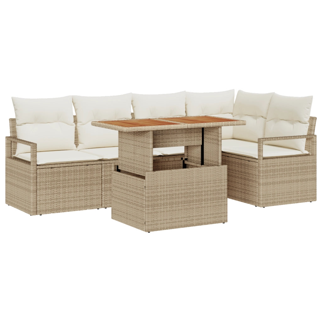 Set Divano da Giardino 6 Pezzi con Cuscini Beige Rattan Polimerico