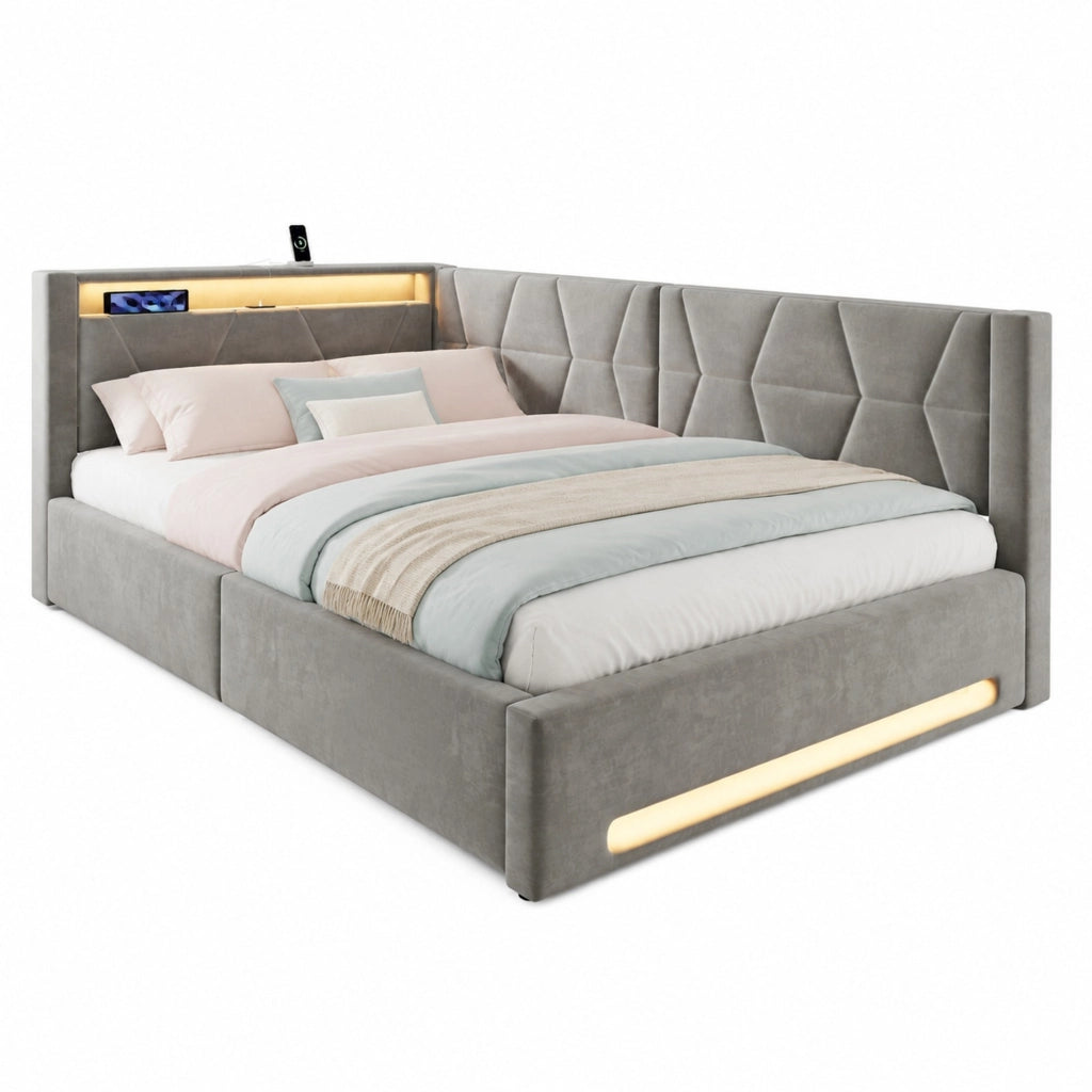 Letto imbottito con contenitore 140 x 200 cm in velluto grigio scuro; LED; USB e Type-C