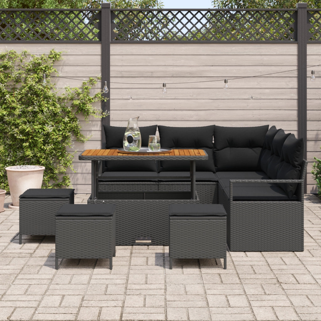Set Divano da Giardino  9 Pezzi con Cuscini Nero Polyrattan Acacia