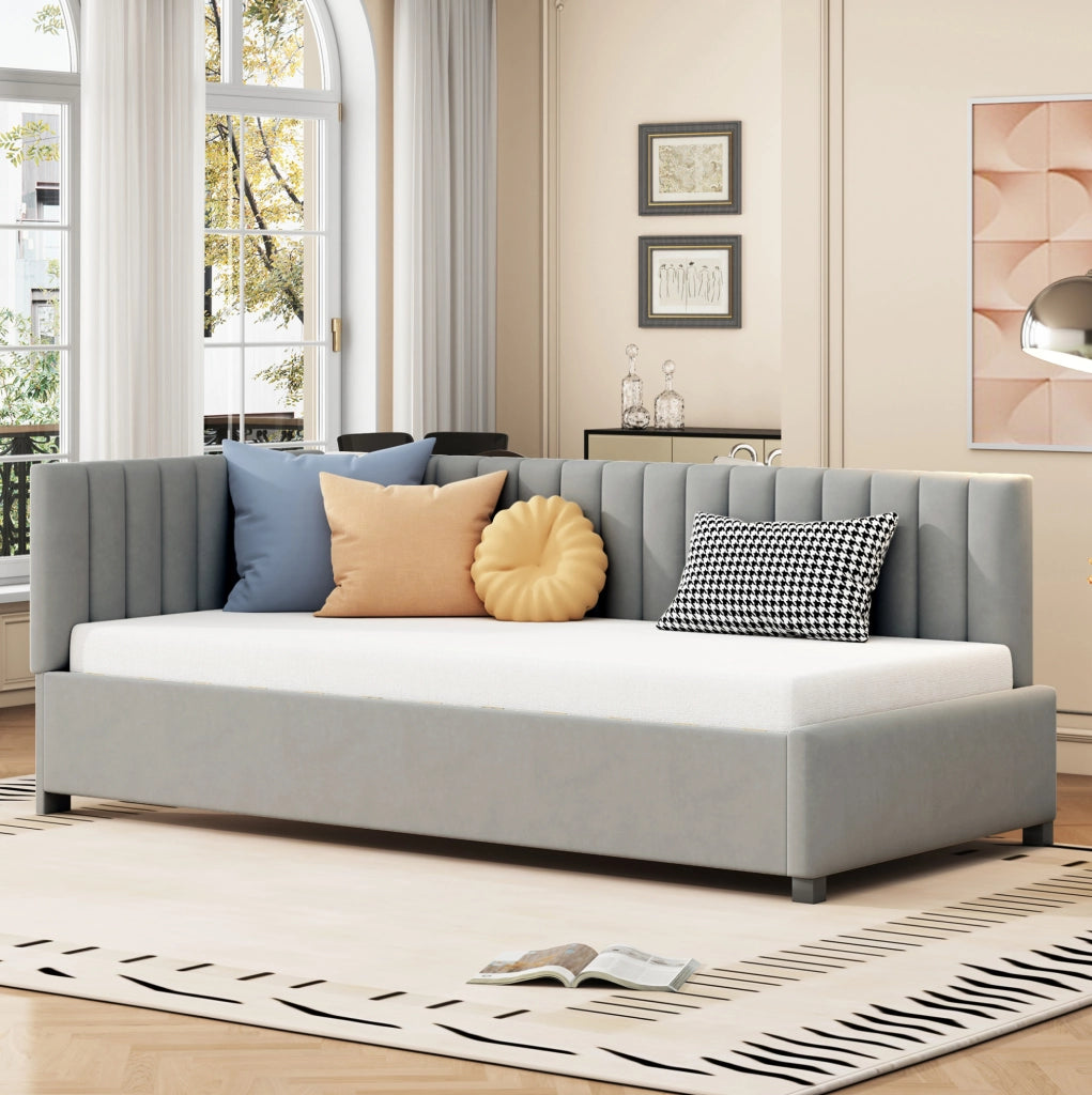 Letto imbottito multifunzionale 90x200 cm con rete a doghe, grigio
