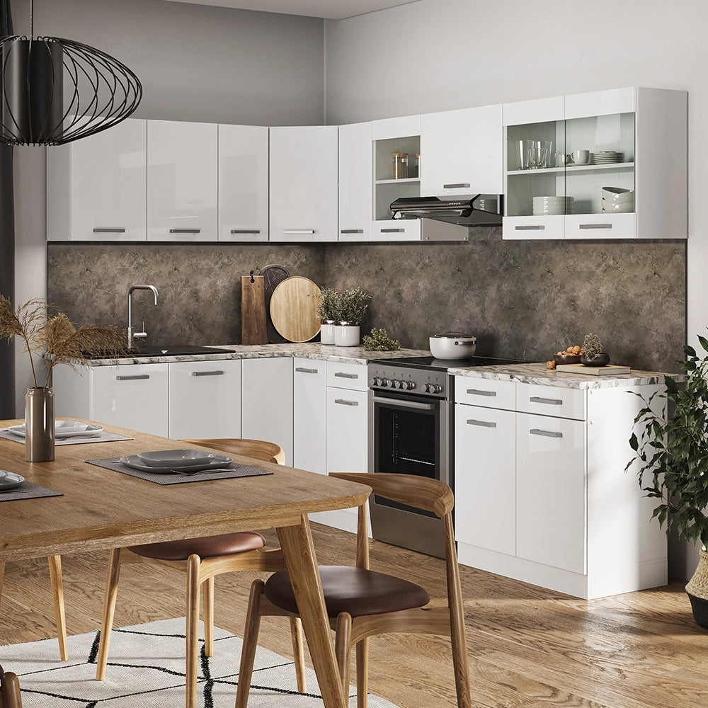 Vicco Cucina ad angolo Bianco/bianco lucido 267 x 167 cm , PL Marmo con striscia LED