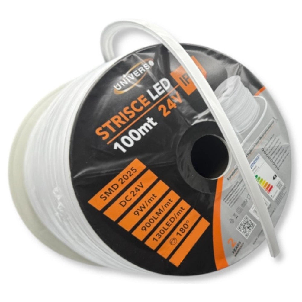 Trade Shop - Bobina 100 Mt Strip Led Flessibile Dc 24v 9w/mt Divisibile Da Esterno Ip65 1010-2025 - -bianco Freddo      -
