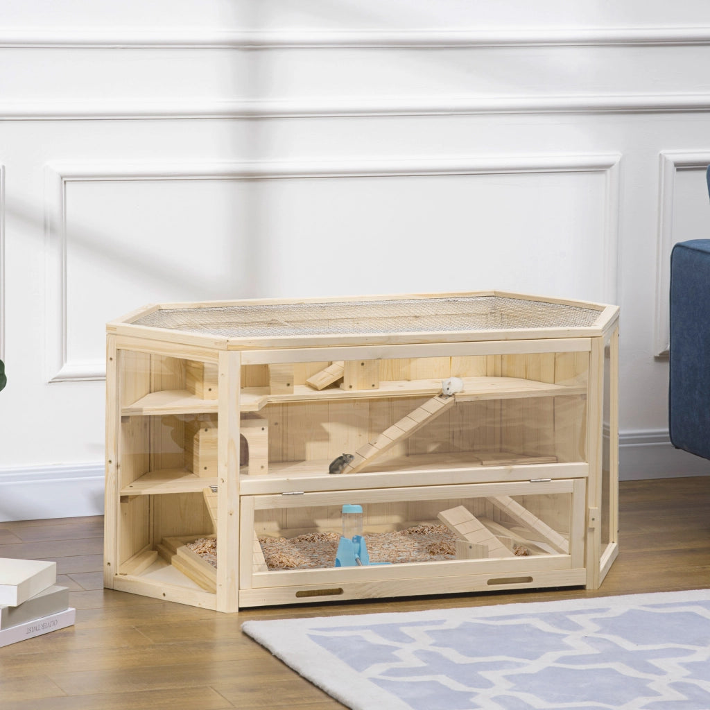 Scaffale a tre livelli con tetto apribile per piccoli animali in legno facile da pulire marrone naturale 115 × 60 × 55 cm