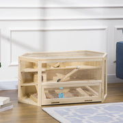 Scaffale a tre livelli con tetto apribile per piccoli animali in legno facile da pulire marrone naturale 115 × 60 × 55 cm