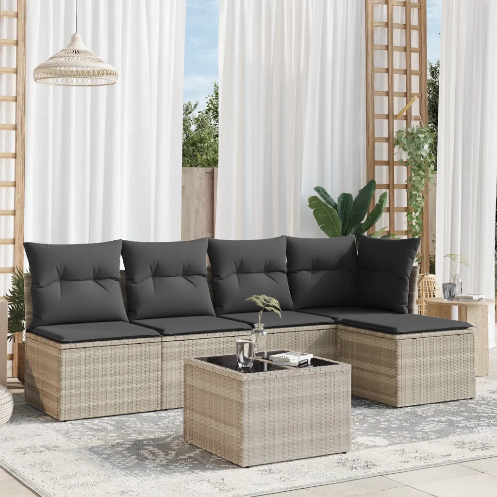 Set Divano da Giardino 6pz | Set Salotto da Giardino con Cuscini Grigio Chiaro Polyrattan
