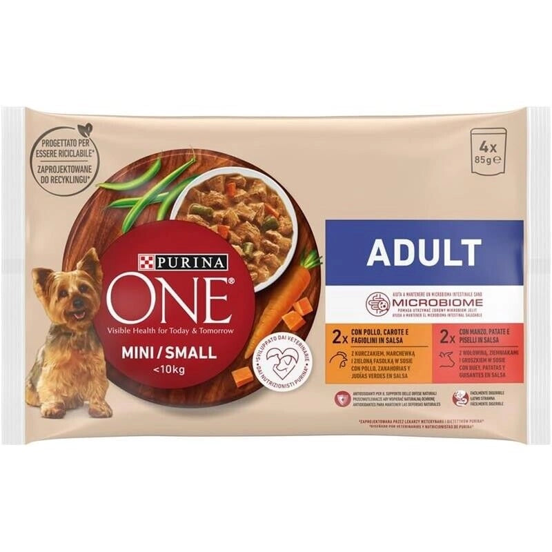 PURINA ONE MINI CIBO UMIDO PER CANI ADULTI CON POLLO E MANZO 4X85 GR