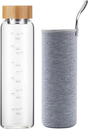 Fusto di vetro 1 litro di acqua con fodera di bambù e coperchio, borraccia di vetro con marcature di tempo To Go 1000 ml (grigio)