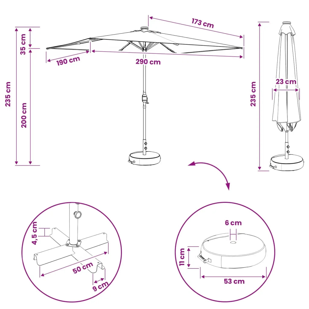 Ombrellone da giardino-Parasol da giardino con luci LED e base 200 x 300 cm Poliestere 771930