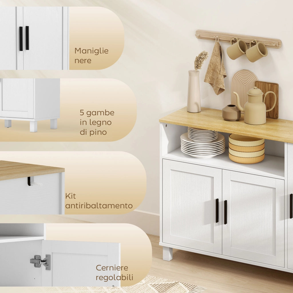 Credenza Cucina 110x33x75 cm con Ante Ammortizzate 2 Armadietti e Vano Aperto in Legno Bianco