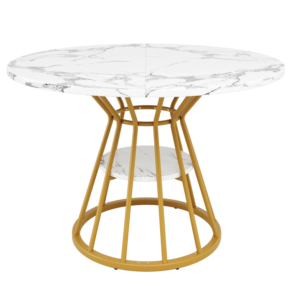 Tavolo da pranzo rotondo 100 cm con piano effetto marmo; MDF e metallo; oro