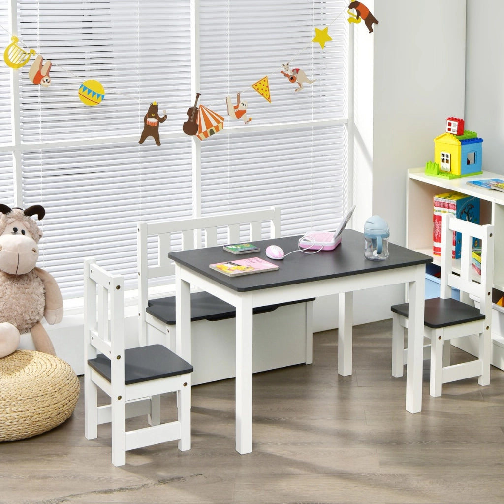 Set tavolo attivit¨¤ di legno 2 in 1 con 2 sedie e 1 panca, Set 4 pezzi tavolo e sedie per bambini Grigio-Tavoli e sedie