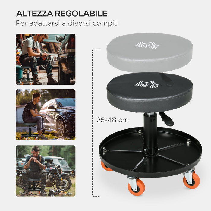 Sgabello da Officina con Ruote e Porta Attrezzi Ø40x25-48 cm Altezza Regolabile e Girevole Nero