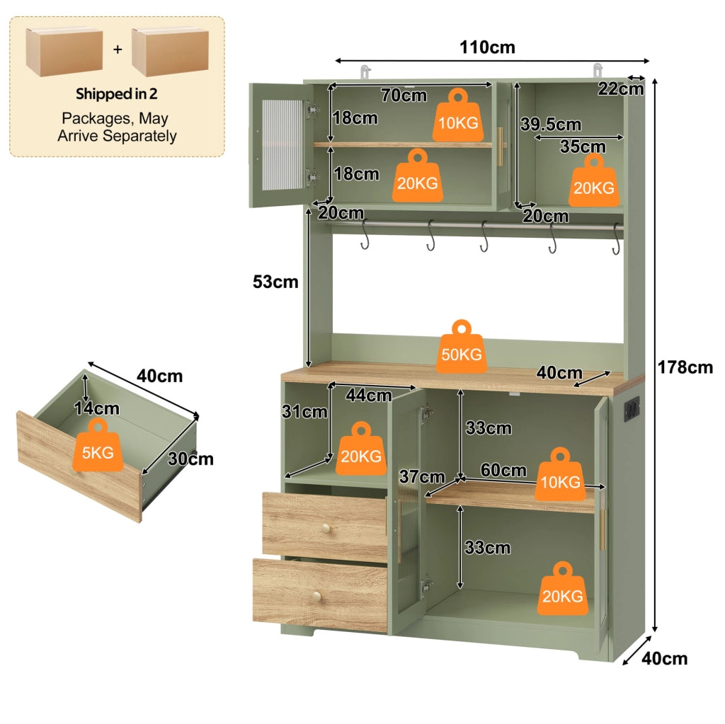 Credenza alta 110x40x178 cm con LED; prese USB; vetri temperati; MDF; verde antico