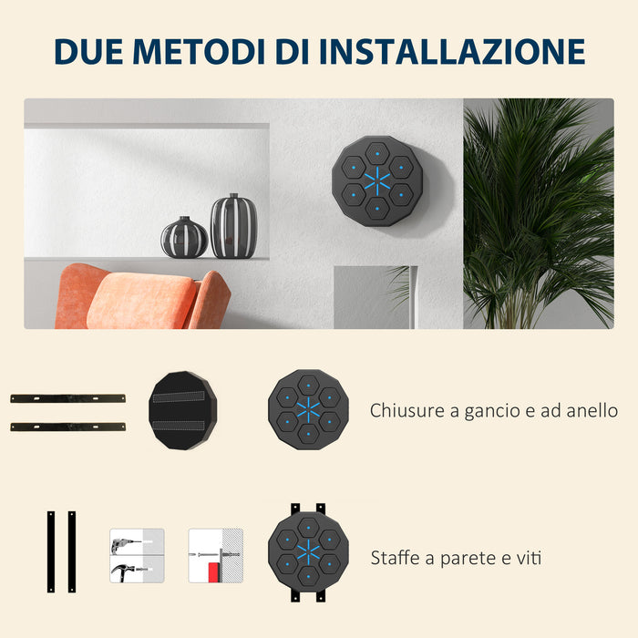 Macchina da Boxe a Parete 40x40x7,5 cm Punch Boxe con Connessione Bluetooth e Luci in PE e PU Nero