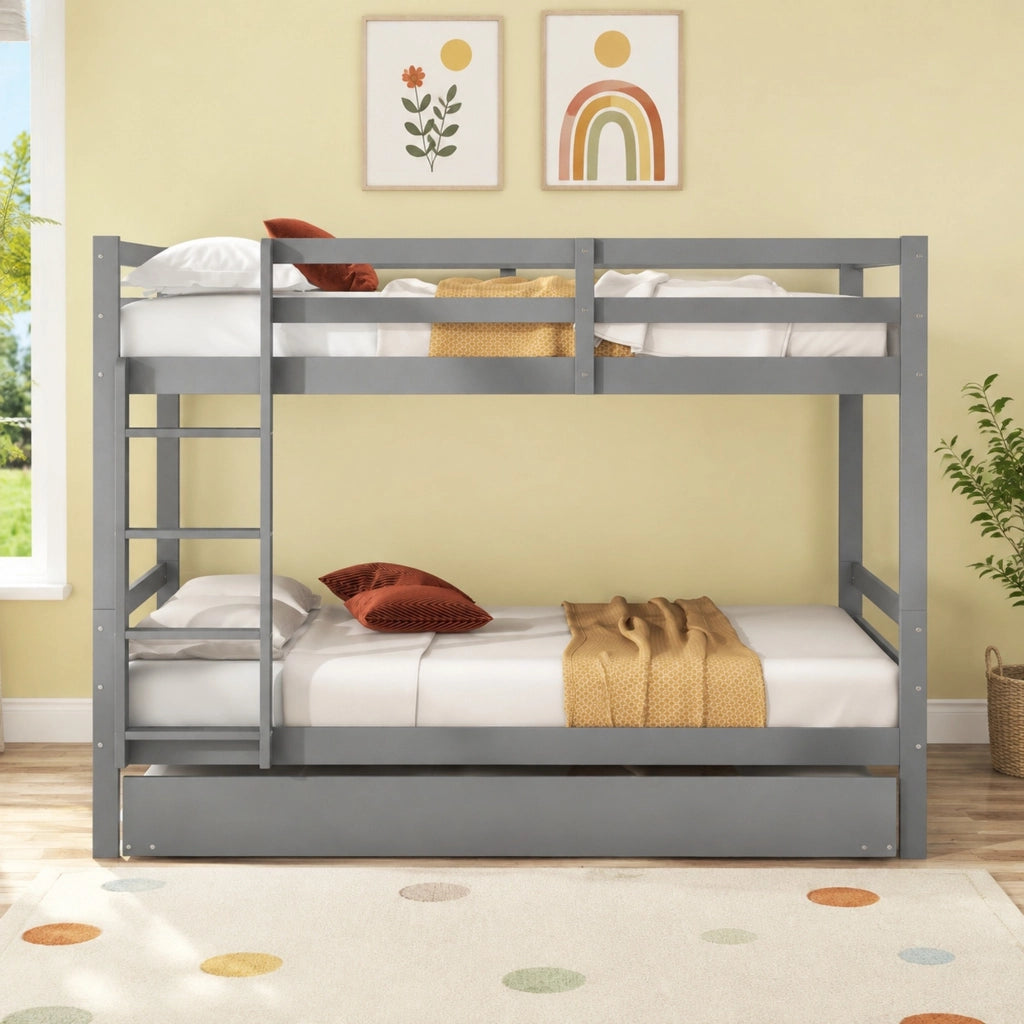 DESMIU Letto a castello 140 × 200 cm 3 posti con letto estraibile e scala, senza materasso, in pino e MDF, grigio
