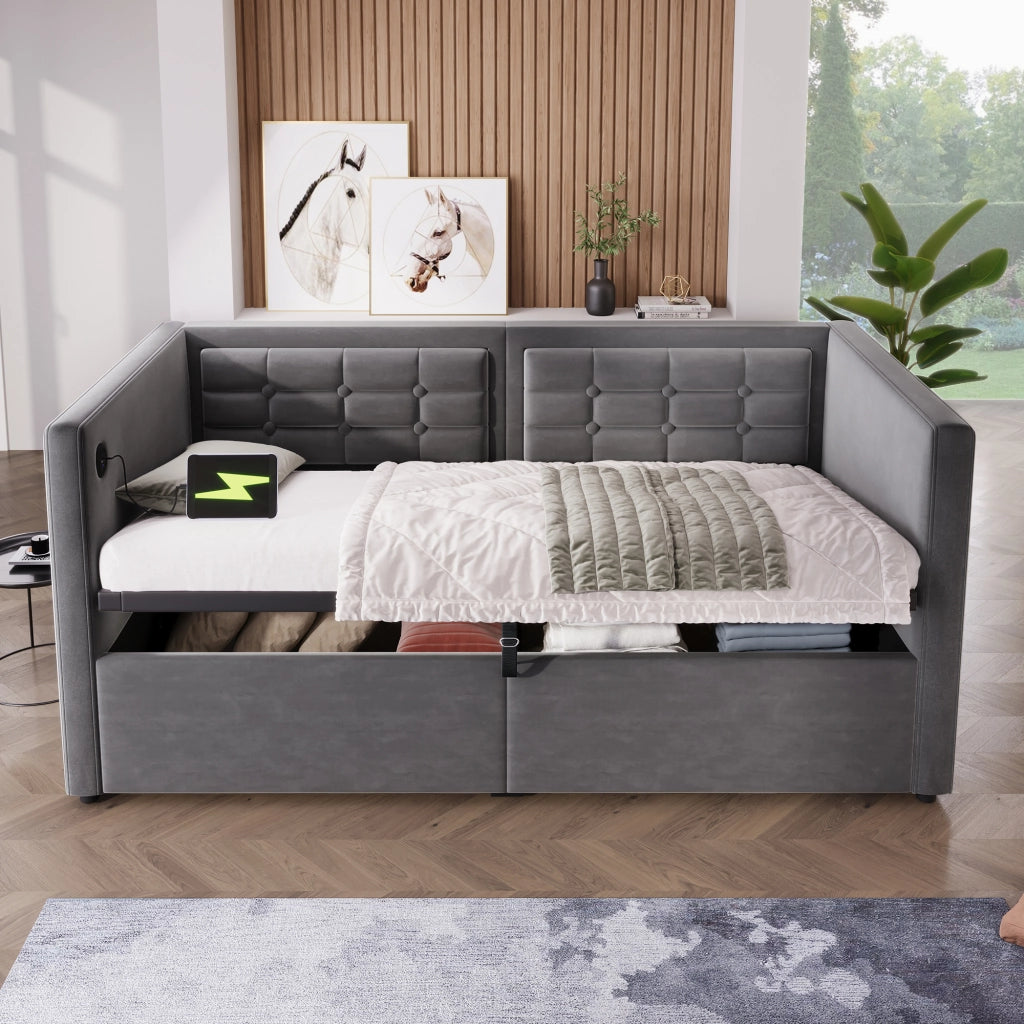 Sofabett con funzione letto velluto grigio 90x190 cm