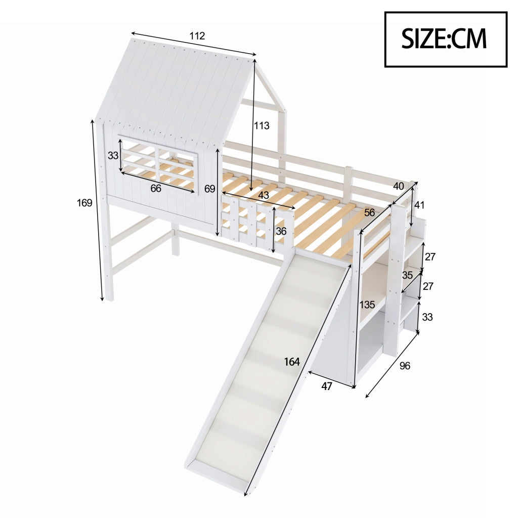 Letto a soppalco 90 × 200 cm con scivolo scala e ripiani in legno e MDF bianco con rete a doghe inclusa