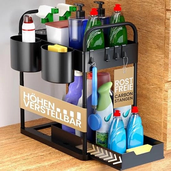 Pannello di sostegno per vasca da bagno, regolabile in altezza con 2 livelli, nero, organizzatore per la cucina, cassettiera, mensola per spezie, organizzatore per la vasca da bagno