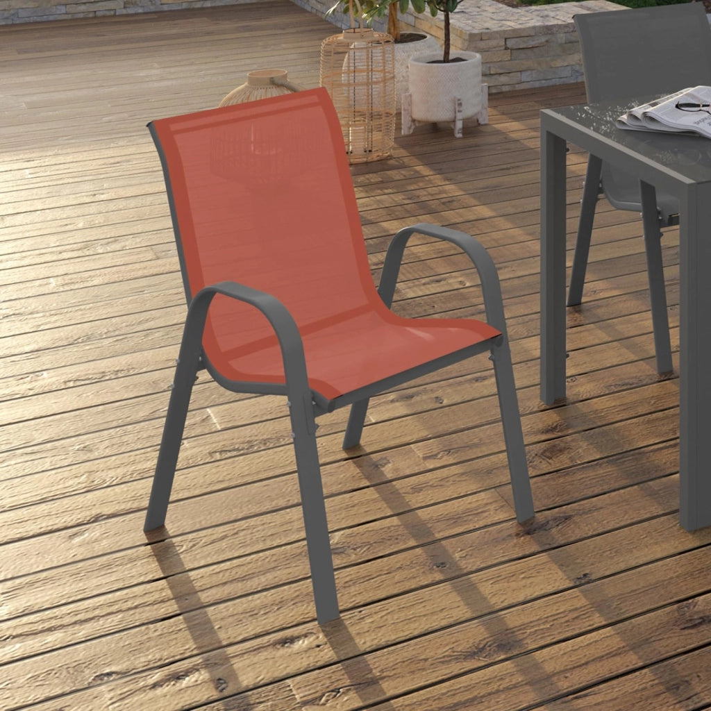 Set di 6 sedie da giardino impilabili LYMA in metallo e textilene di colore grigio-nero e terracotta