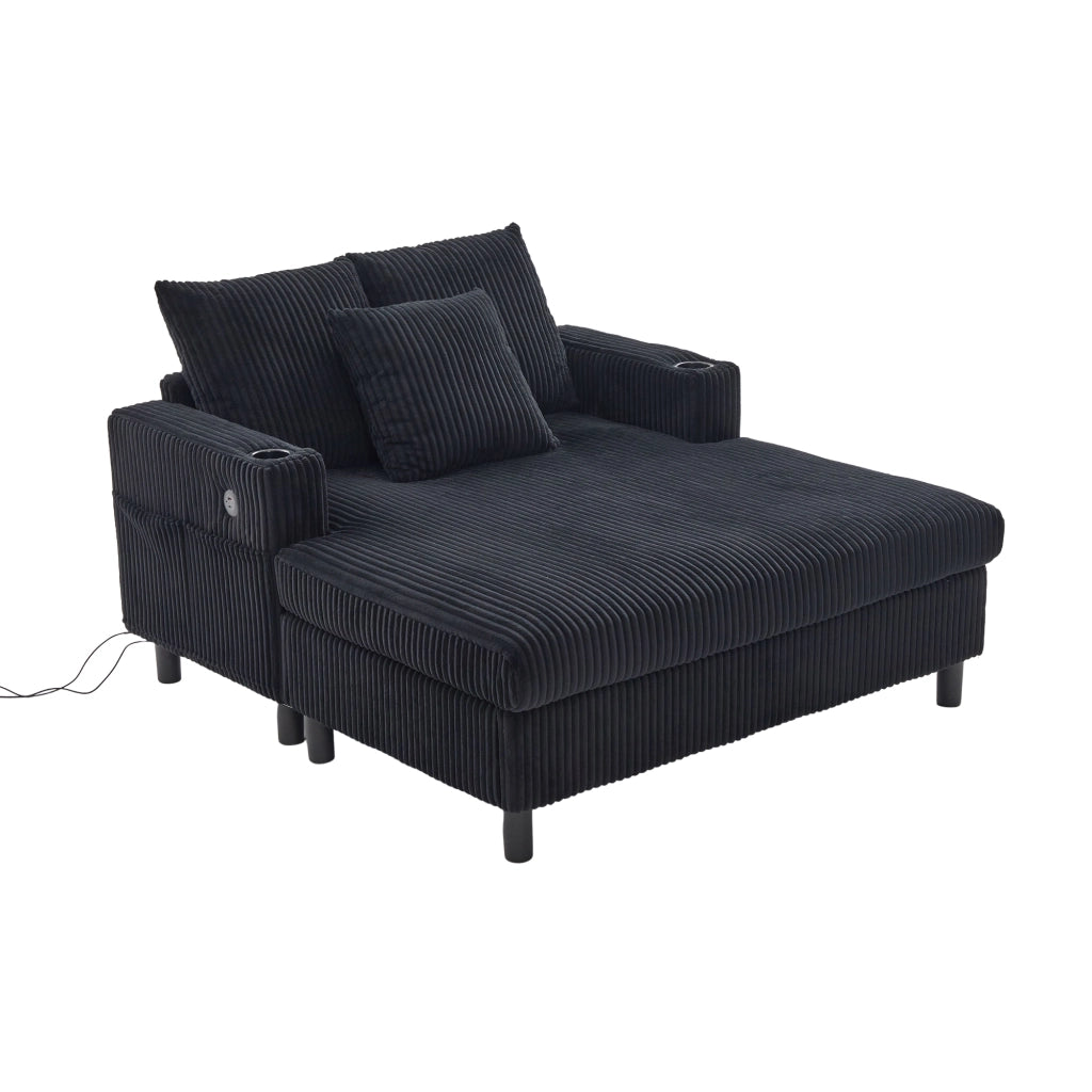 OKWISH Chaise Longue con USB, LED Multicolore e Portabicchieri, Seduta Profonda e Schienale Ergonomico, Velluto a Coste, Nero