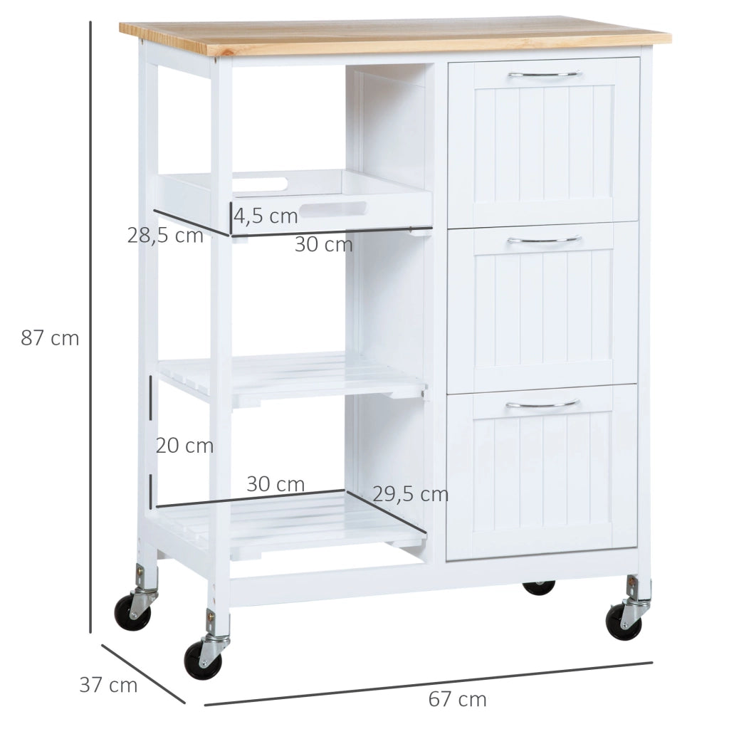 Carrello da cucina con 3 cassetti; 2 ripiani e vassoio estraibile con ruote e freni per cucina; 67×37×84 cm