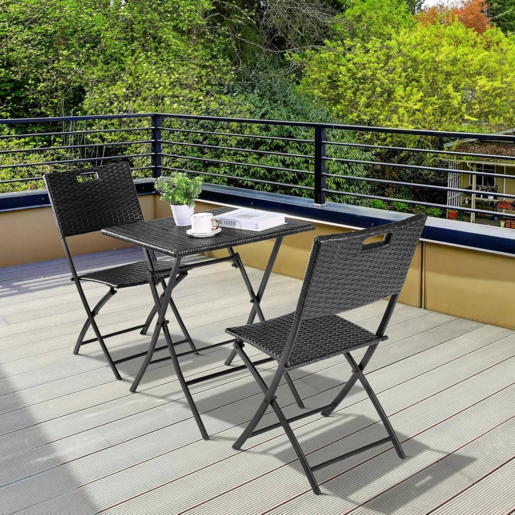 Set di Mobili da Balcone Pieghevole da 3 Pezzi, Mobili da Bistrot, Set Giardino in Rattan, 1 Tavolo e 2 Sedie, Sedia Pieghevole per Balcone, Giardino e Terrazza, Nero