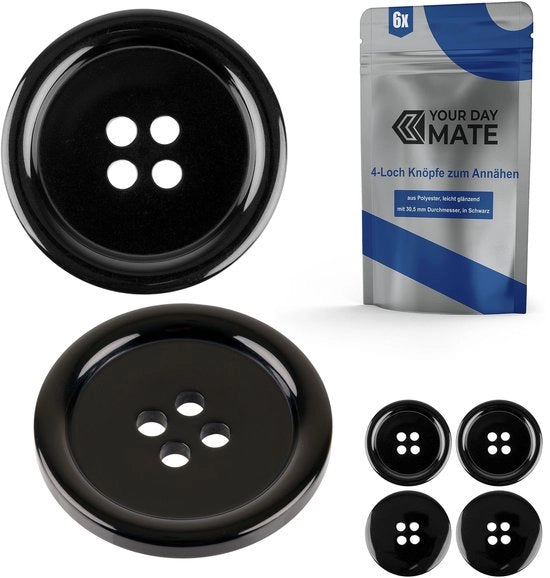 Punti per abbigliamento, 6 pezzi, 4 fori, Ø 30,5 mm, in nero, realizzati in poliestere, misura 48L, punti per giacche, cappotti, camicie, polos, punto per DIY di resina sintetica, punti per bucato, punti base, punti per hobby