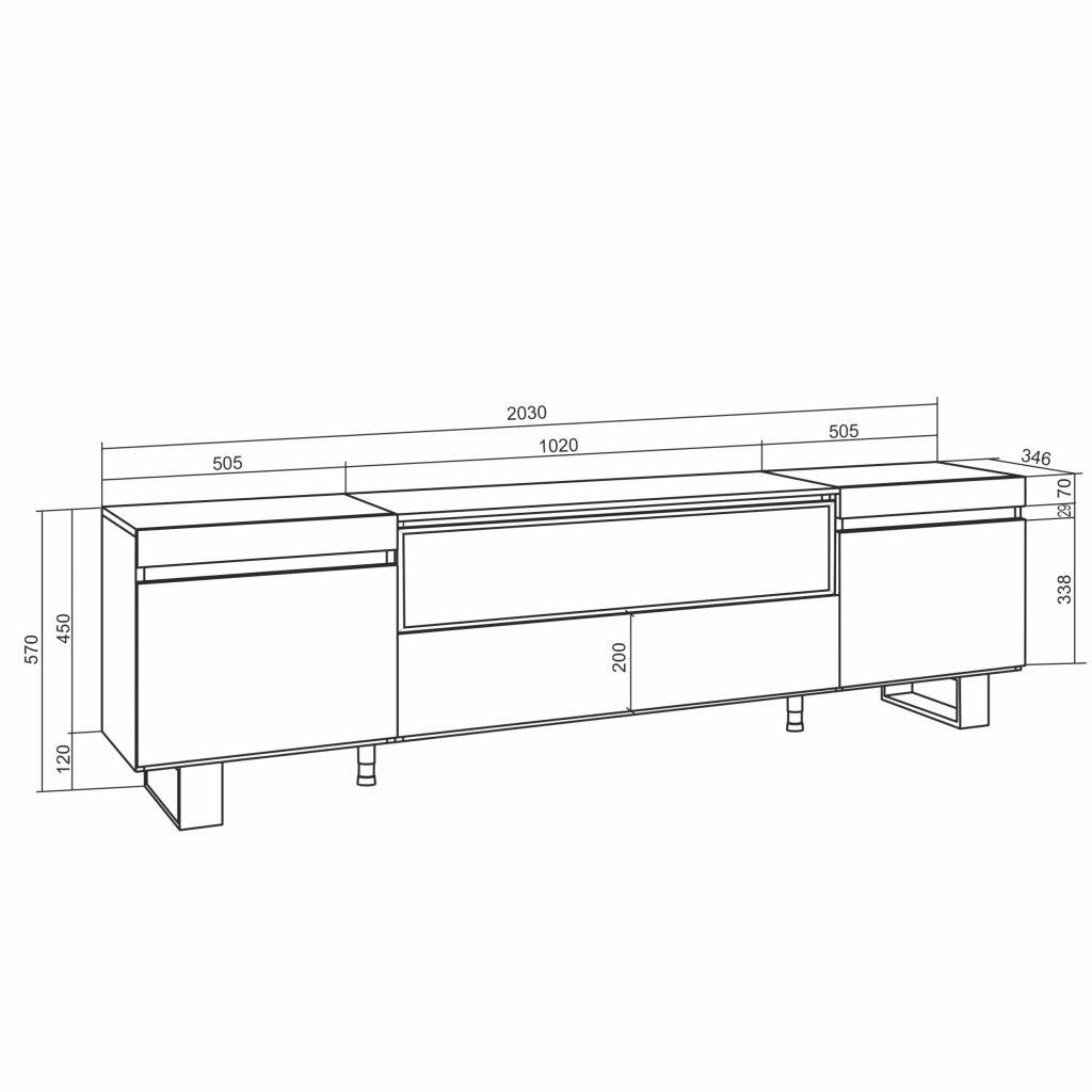 Mobile TV, 200x35x57cm, soggiorno, Per TV fino a 80", Design industriale, colore Rovere e nero RF2257