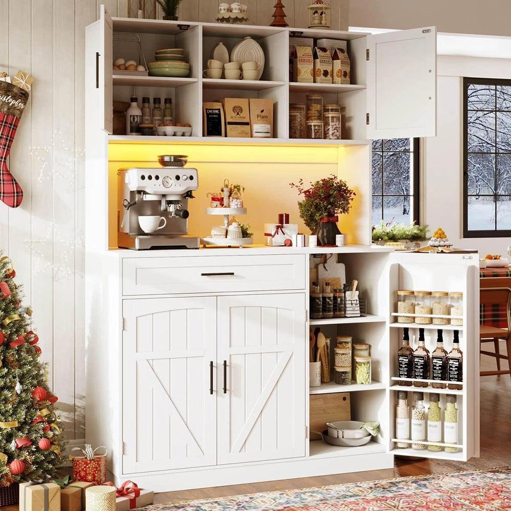 Armadio laterale per cucina - Xylo - 110x38x180cm - Bianco - Stile cottage, 5 porte, LED e presa elettrica