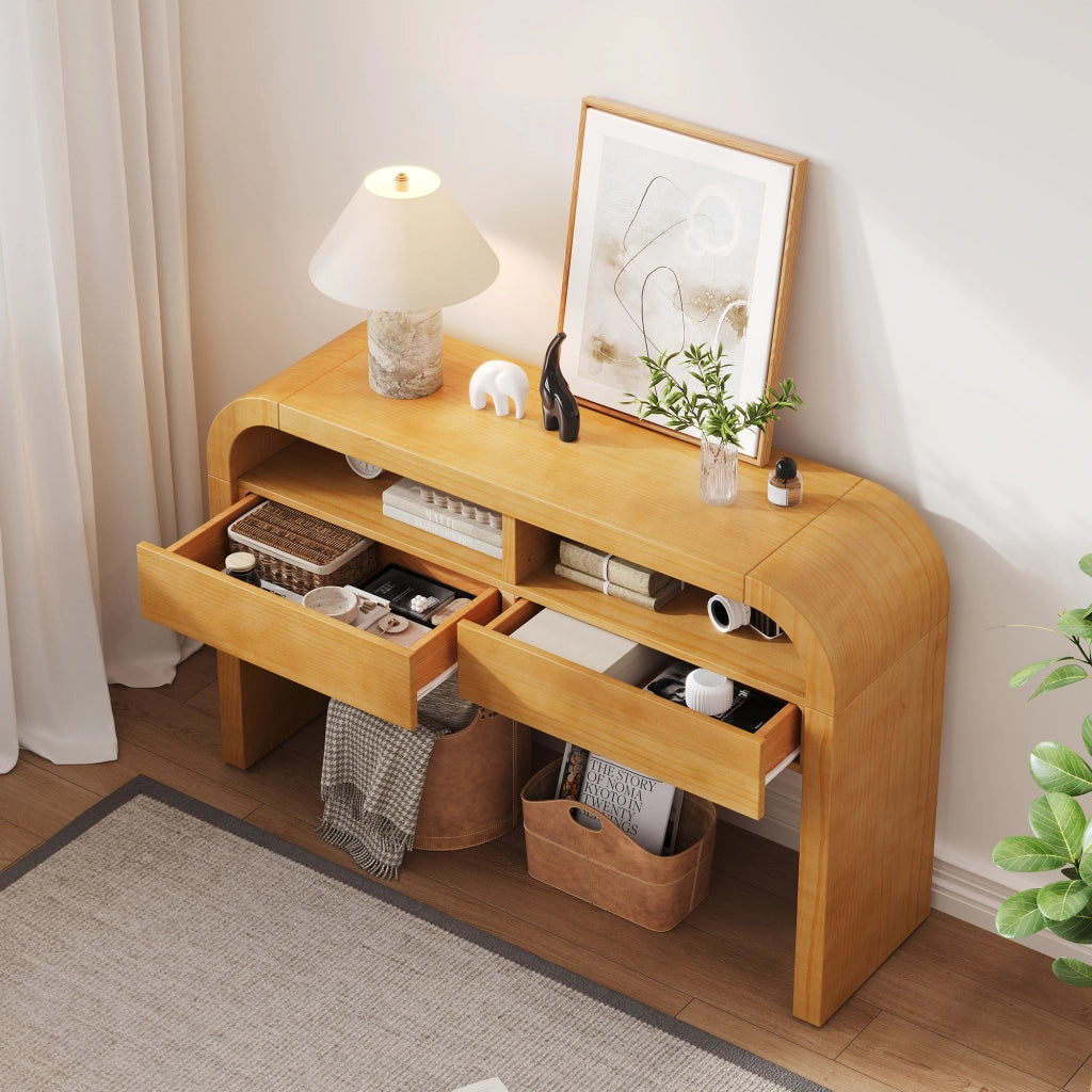 Consolle con 2 cassetti e vani aperti, piedi regolabili, per ingresso e soggiorno, in MDF, naturale 120 × 35.5 × 76.5 cm