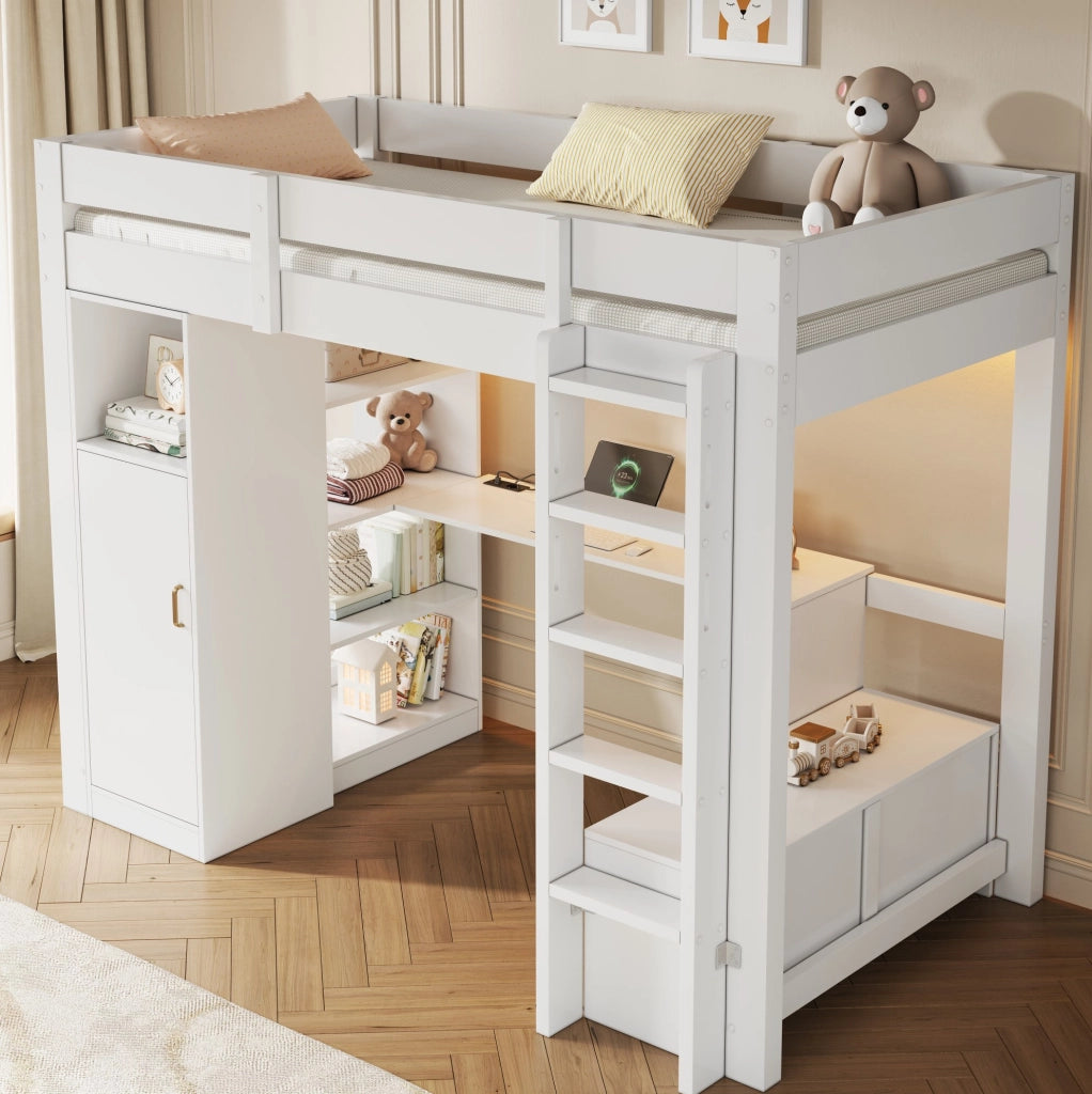 Letto a soppalco bianco 90 x 200 cm con armadio, scrivania e LED