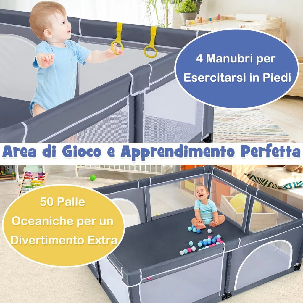 Box Recinto per Bambini, Centro Attività Portatile con Cancelli di Sicurezza, Reti Traspiranti, Ventose Antiscivolo e 4 Anelli per Bambini, con 50 Palline, 206 x 185,5 x 68 cm (Grigio Scuro)