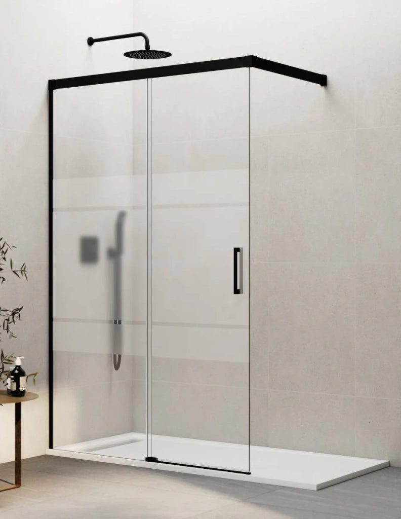 Porta doccia scorrevole 1+1 THALASSA (BASIC) walk-in 140 cm Profilo Nero vetro serigrafato