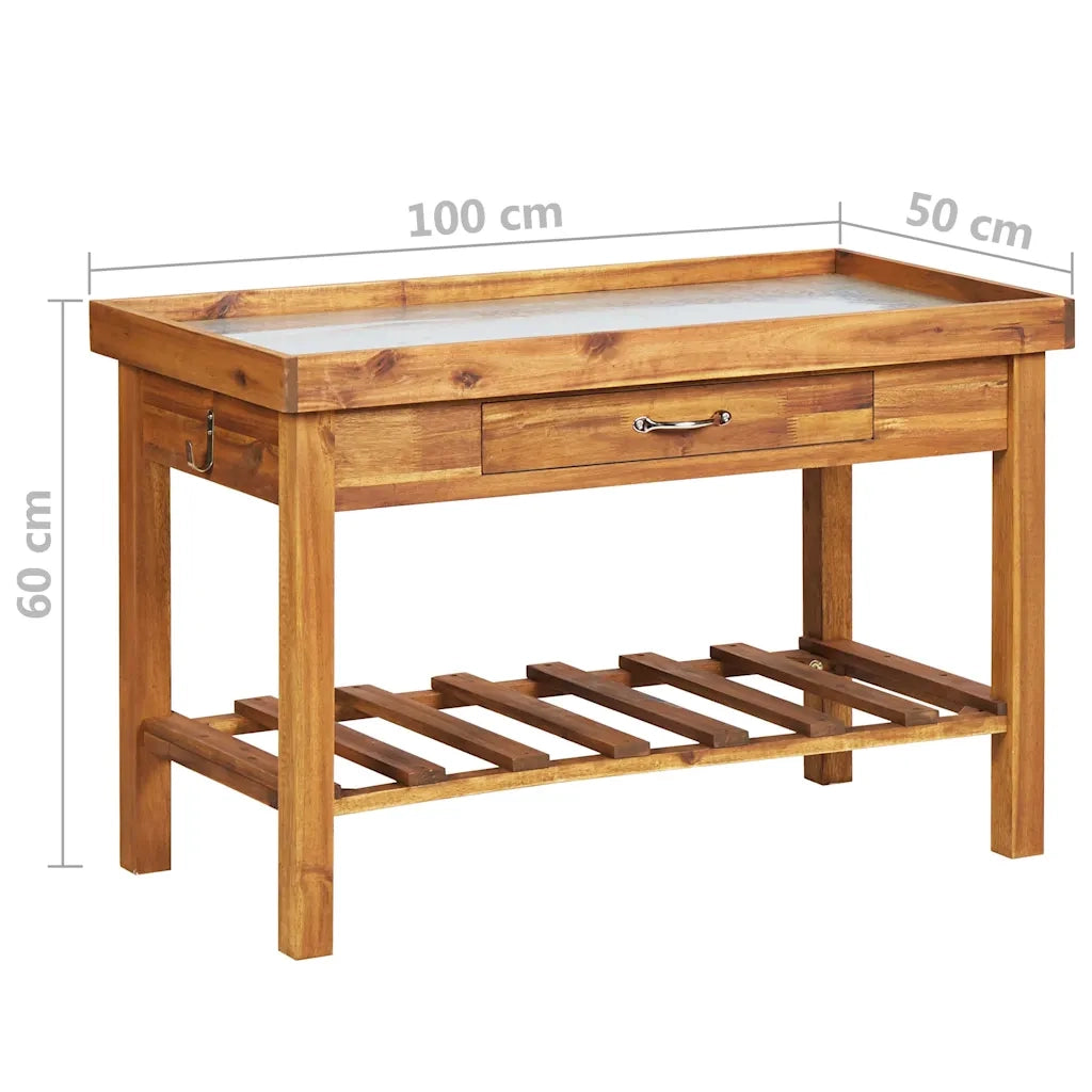 Tavolo da giardino in legno massello di acacia 100 x 50 x 60 cm con piano in zinco finitura marrone naturale 02_0045918