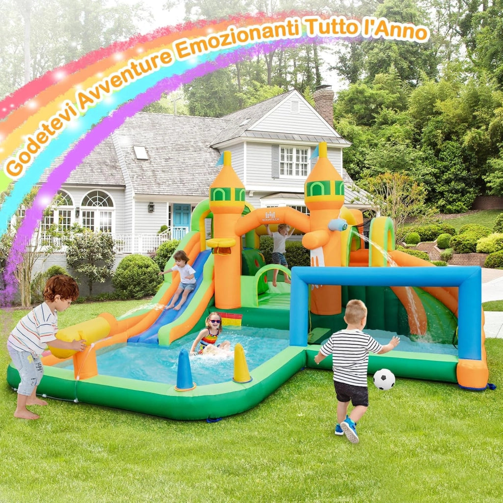 Castello Gonfiabile per bambini, Casa Gonfiabile con Scivolo, Area per Saltare, Piscina, con Borsa di Trasporto e Kit di Riparazione, per Bambini di 3-12 Anni (Senza Soffiatore)