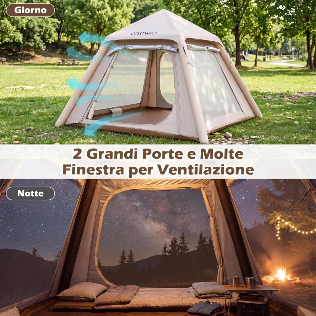 Tenda da Campeggio Gonfiabile, Tenda da Esterno Impermeabile per 2-4 Persone con 2 Porte e Finestre in Rete, Copertura Rimovibile, Pompa ad Aria e Borsa da Trasporto, per Viaggi e Escursionie
