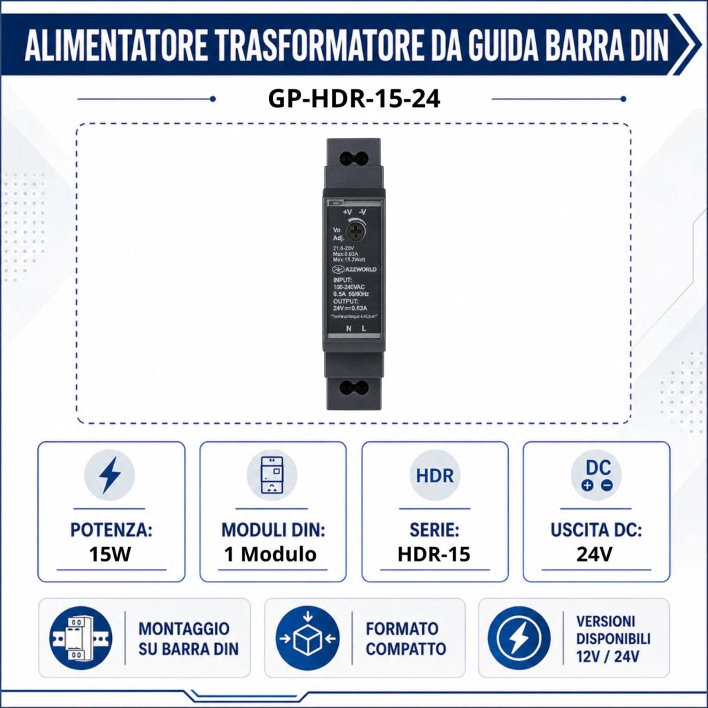 Alimentatore Trasformatore Da Guida Barra DIN 15W, 1 Modulo, Serie HDR-15, Disponibili DC 12V 24V (DC 24V)