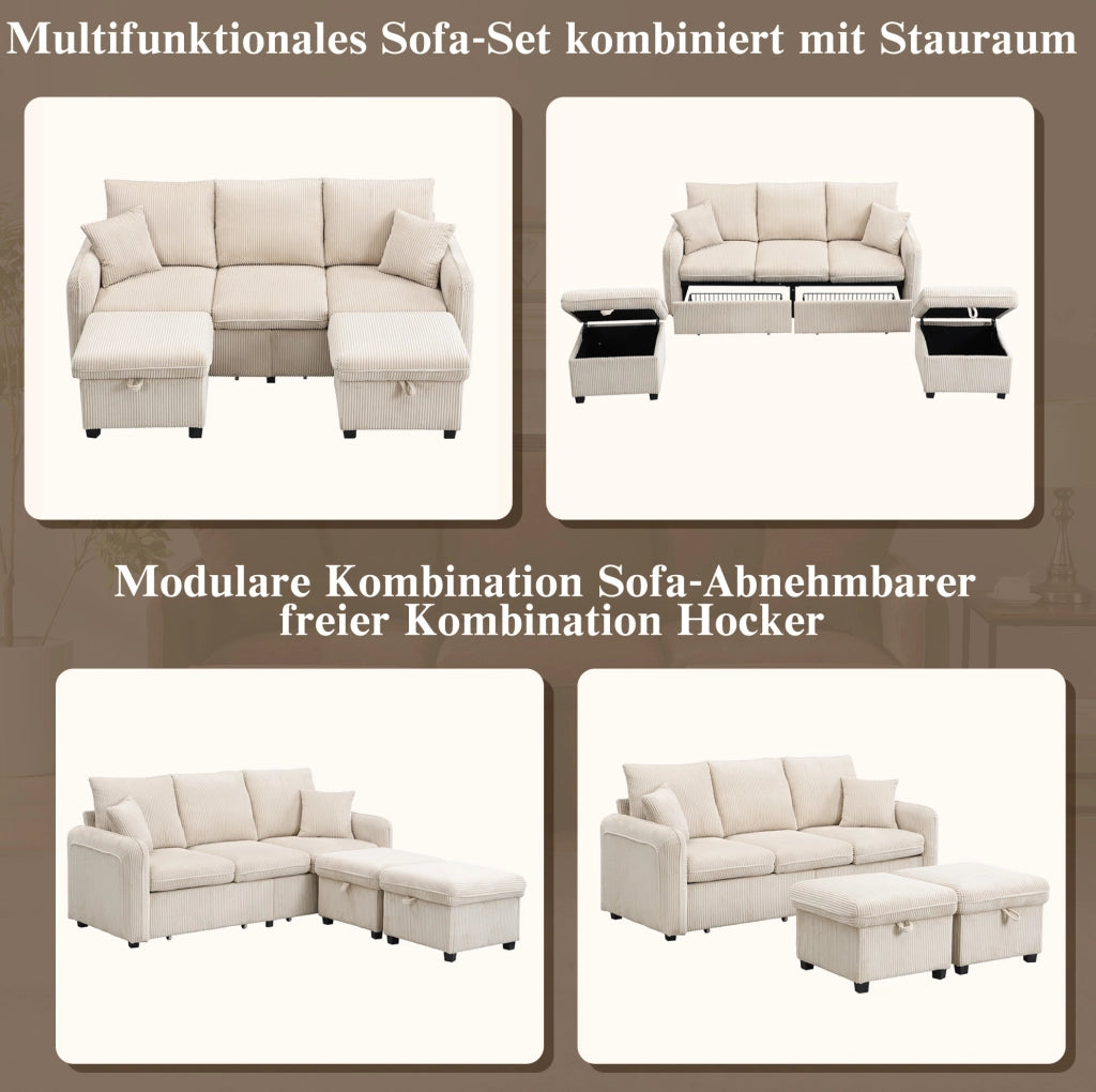 Divano modulare 3 posti con 2 pouf contenitore, funzione letto, cord beige